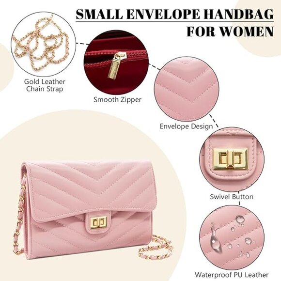 Womens Envelope Crossbody Clutch handbag with chain Pink Quilted - Picture 5 of 12